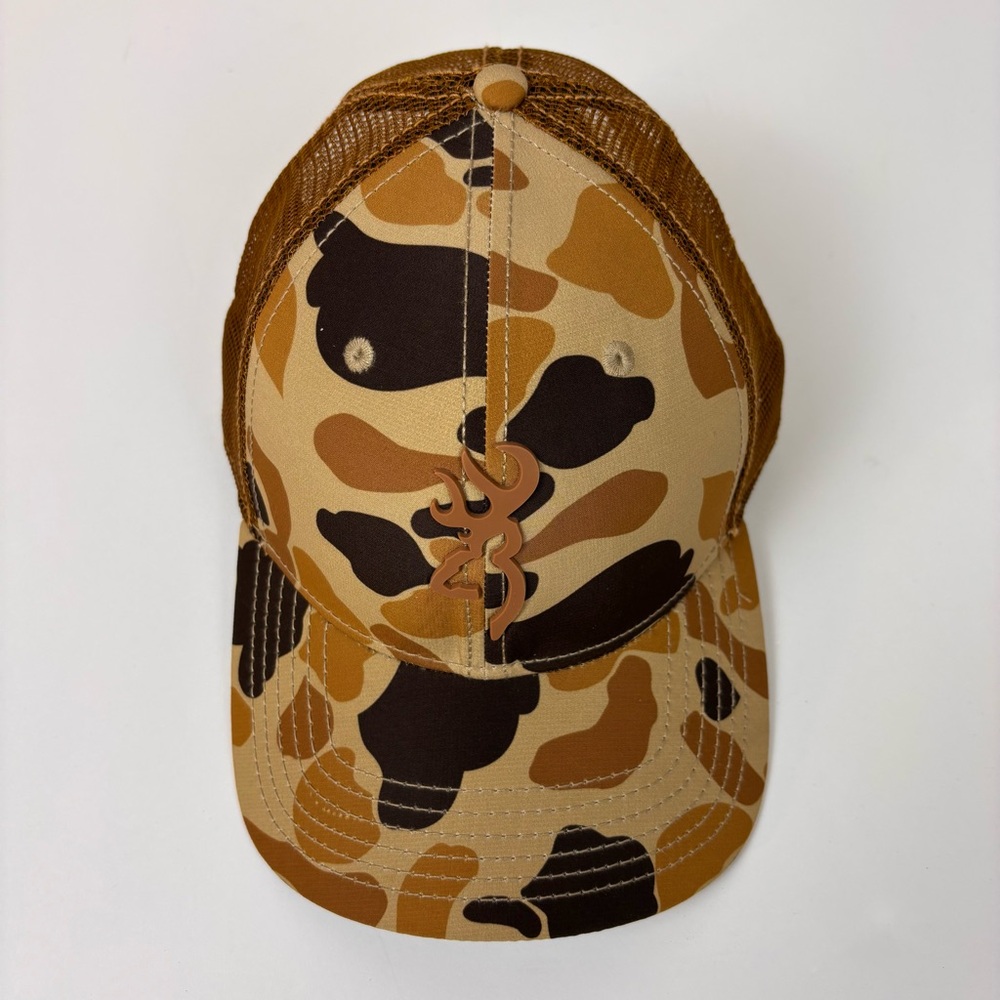 Browning Cupped Up Vintage Tan Camouflage Mesh Trucker Hat Adjustable Cap Brown